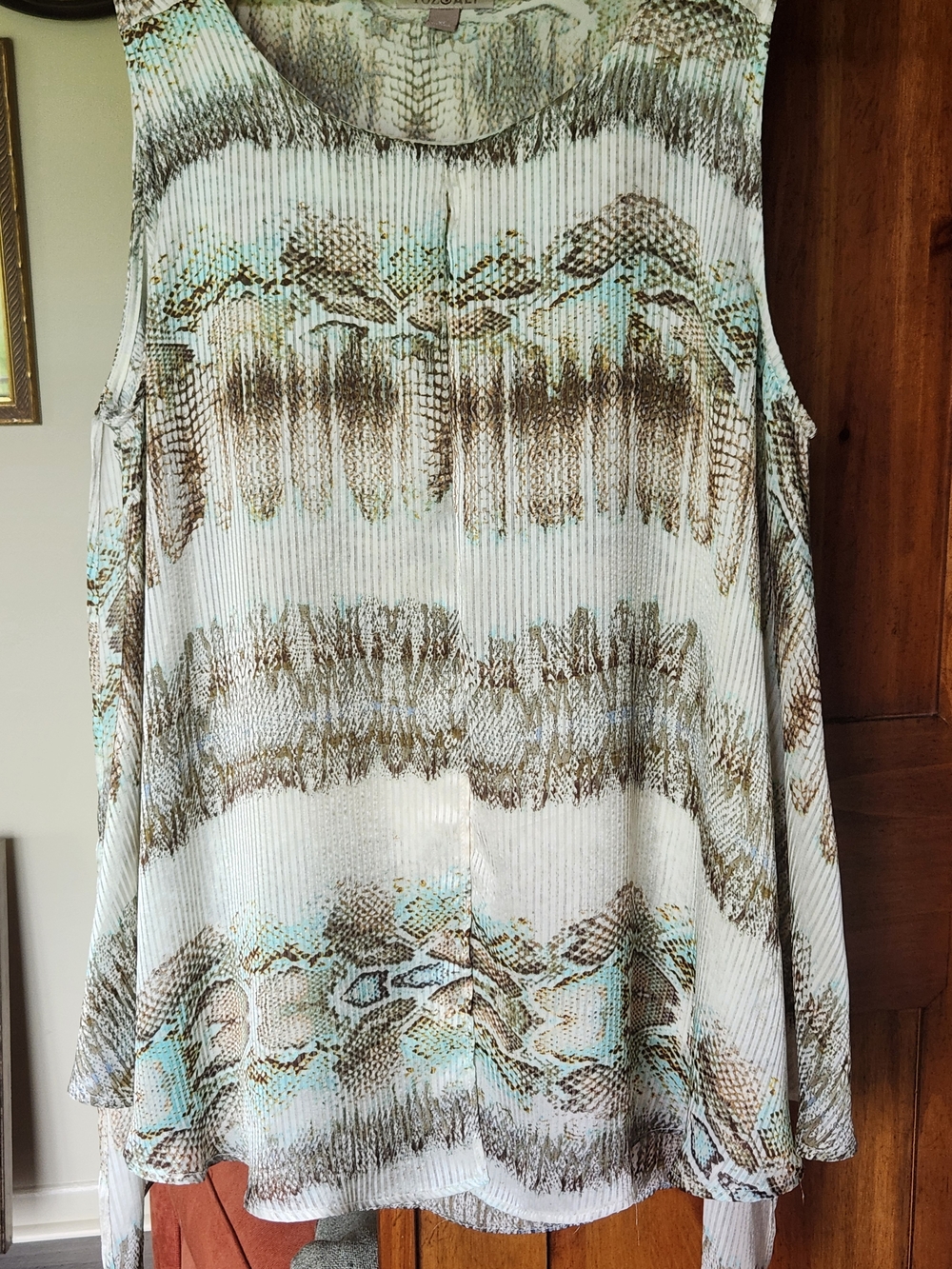 Roz & Ali Light Blue and Brown Printed Sleeveless Blouse